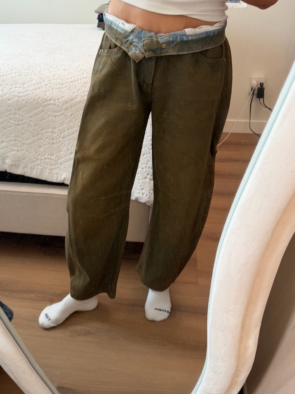 Free people. We the free Olive Green coated women’s barrel Pants